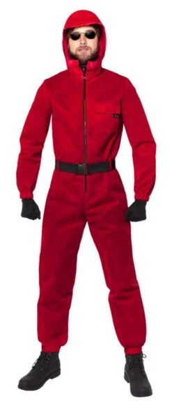 Caper Red Hooded Boilersuit With Belt Costume | Money Heist | Mens Costumes