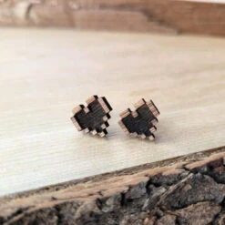 Black Walnut Pixel Heart Stud Earrings | Fantasy By Numbers | Artisan Crafted Items