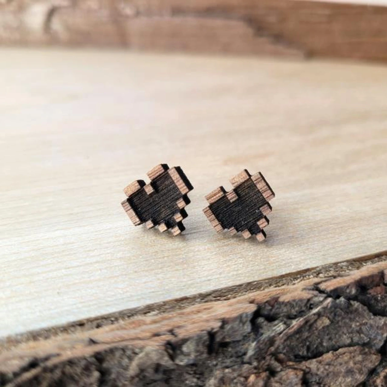 Black Walnut Pixel Heart Stud Earrings | Fantasy By Numbers | Artisan Crafted Items 1 Black Walnut Pixel Heart Stud Earrings | Fantasy By Numbers | Artisan Crafted Items