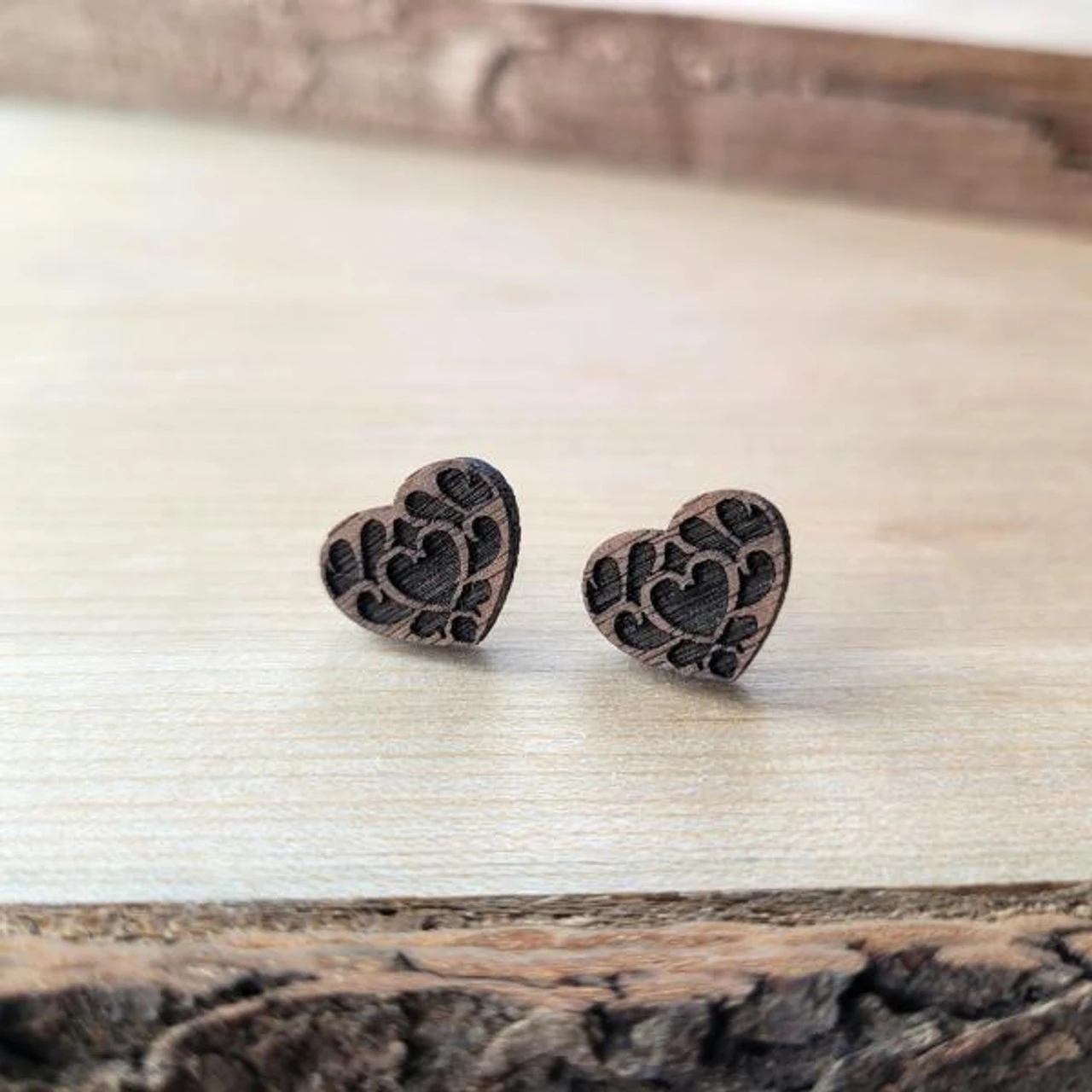 Black Walnut Fancy Heart Stud Earrings | Fantasy By Numbers | Artisan Crafted Items 1 Black Walnut Fancy Heart Stud Earrings | Fantasy By Numbers | Artisan Crafted Items