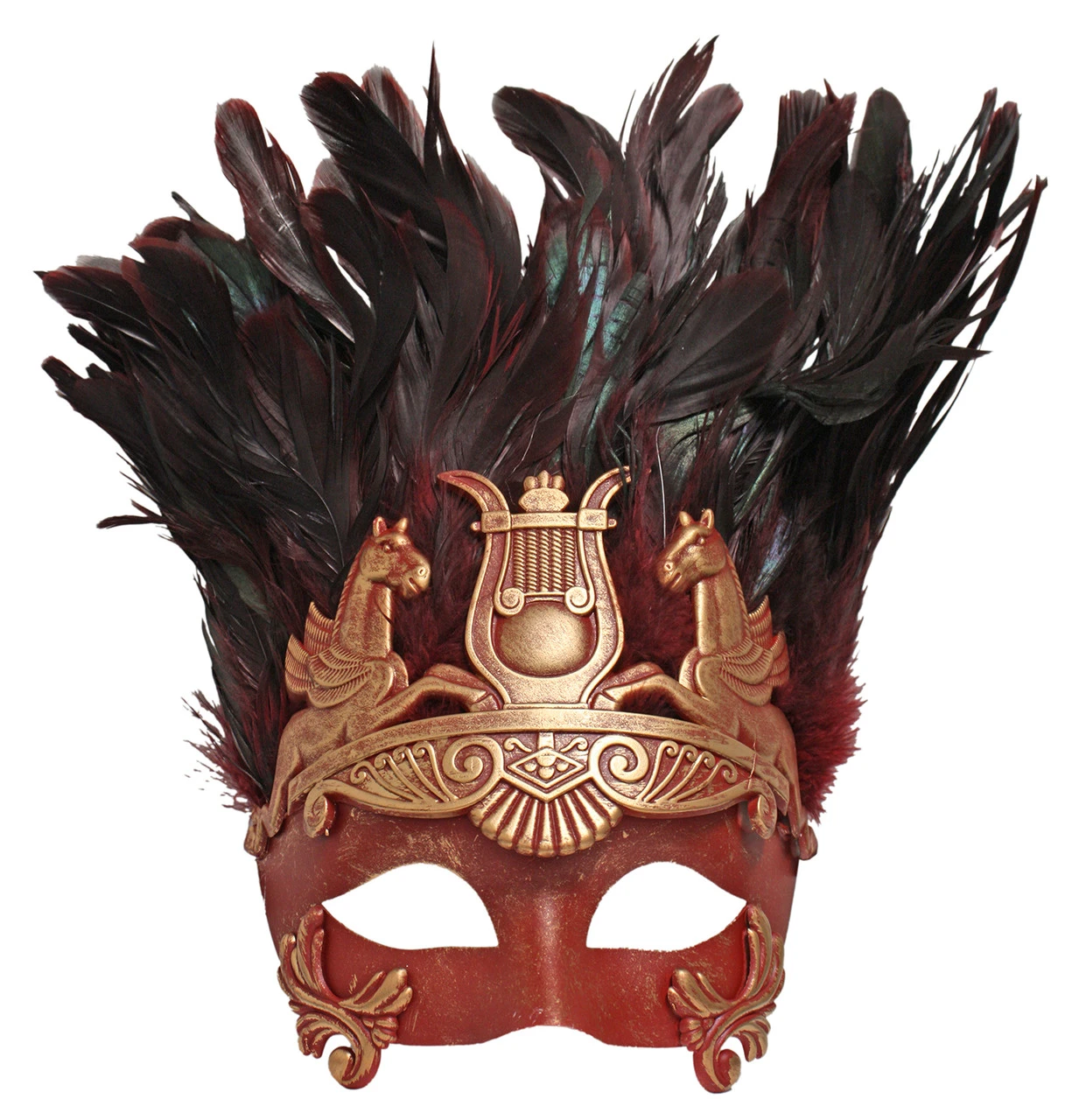Venetian Red And Gold Pegasus Roman Greek Style Feather Mask | Masquerade | Accessories 1 Venetian Red And Gold Pegasus Roman Greek Style Feather Mask | Masquerade | Accessories