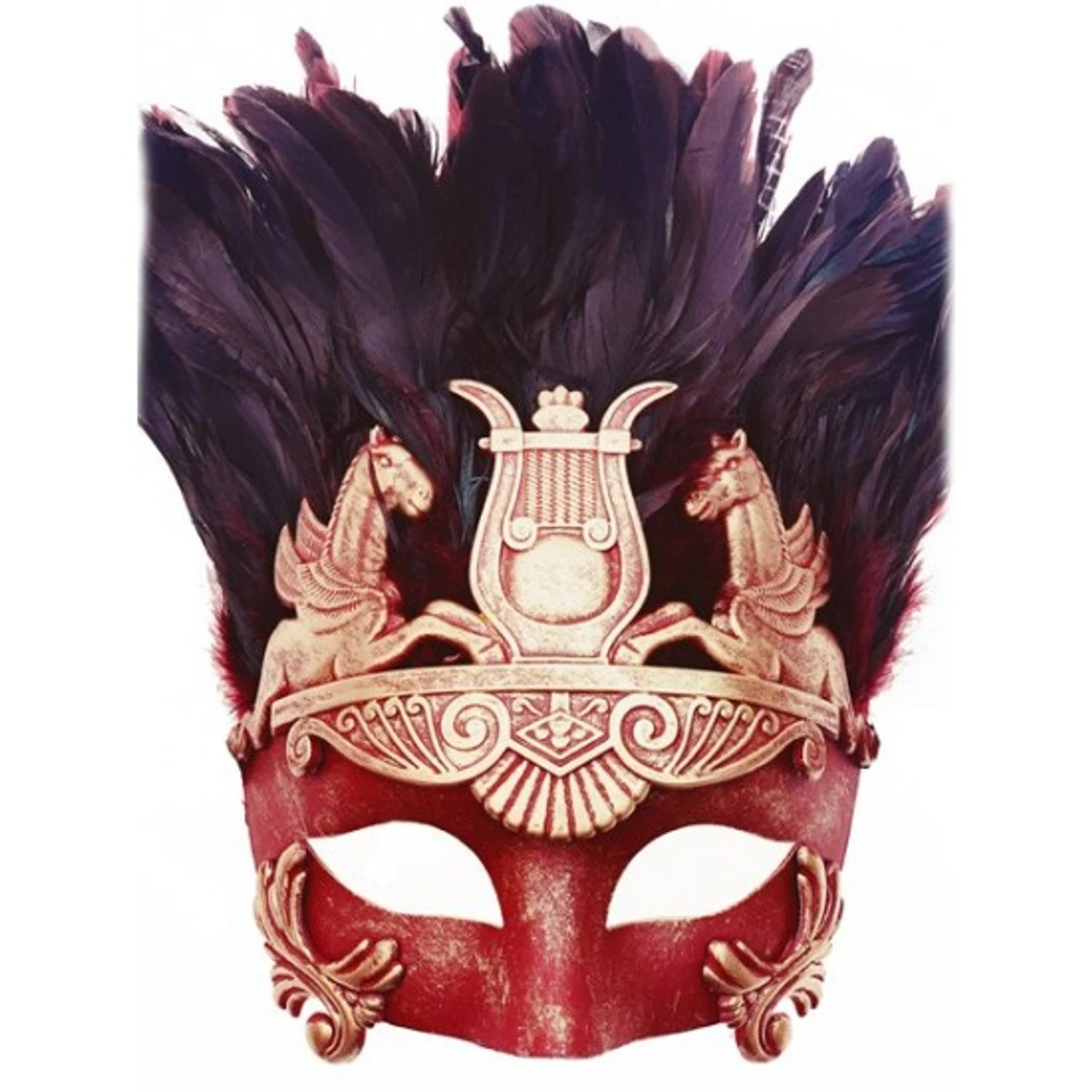 Venetian Red And Silver Pegasus Roman Greek Style Feather Mask | Masquerade | Accessories 1 Venetian Red And Silver Pegasus Roman Greek Style Feather Mask | Masquerade | Accessories