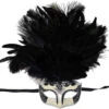 Venetian Glitter Black And Silver Mask With Feather Plume | Masquerade Masks