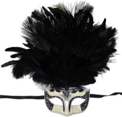 Venetian Glitter Black And Silver Mask With Feather Plume | Masquerade Masks