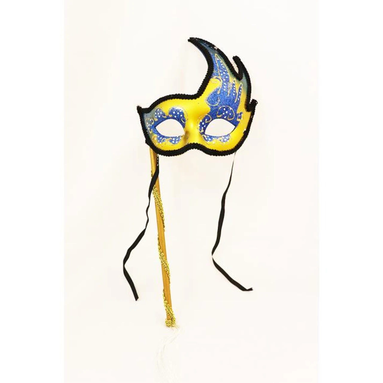 Glitter Detailed Gold And Blue Flame Edge Mask With Stick | Masquerade Masks 1 Glitter Detailed Gold And Blue Flame Edge Mask With Stick | Masquerade Masks