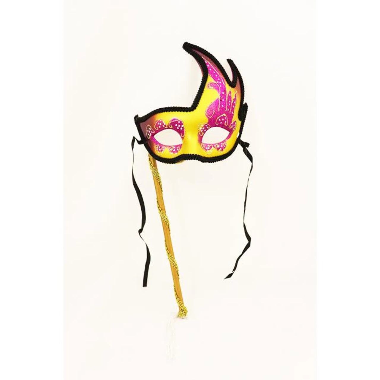 Glitter Detailed Gold And Purple Flame Edge Mask With Stick | Masquerade Masks 1 Glitter Detailed Gold And Purple Flame Edge Mask With Stick | Masquerade Masks
