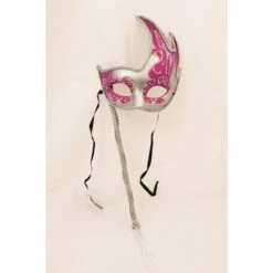 Glitter Detailed Silver And Pink Flame Edge Mask With Stick | Masquerade Masks
