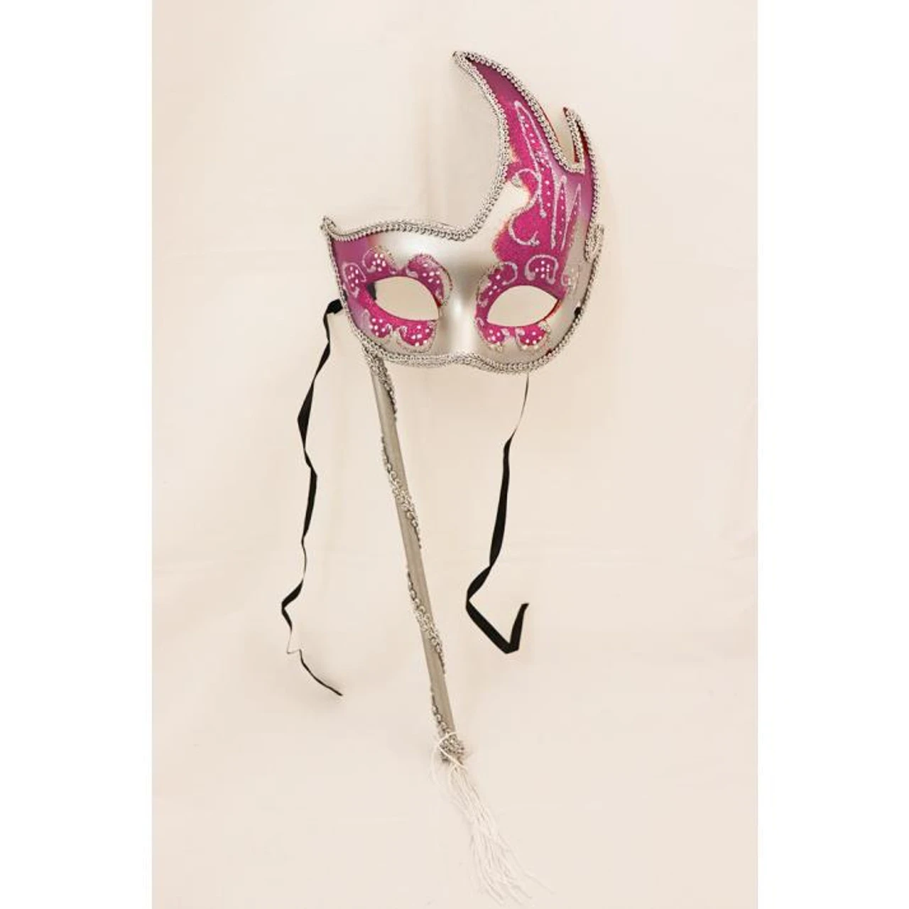 Glitter Detailed Silver And Pink Flame Edge Mask With Stick | Masquerade Masks 1 Glitter Detailed Silver And Pink Flame Edge Mask With Stick | Masquerade Masks