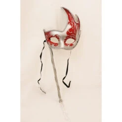 Glitter Detailed Silver And Red Flame Edge Mask With Stick | Masquerade Masks
