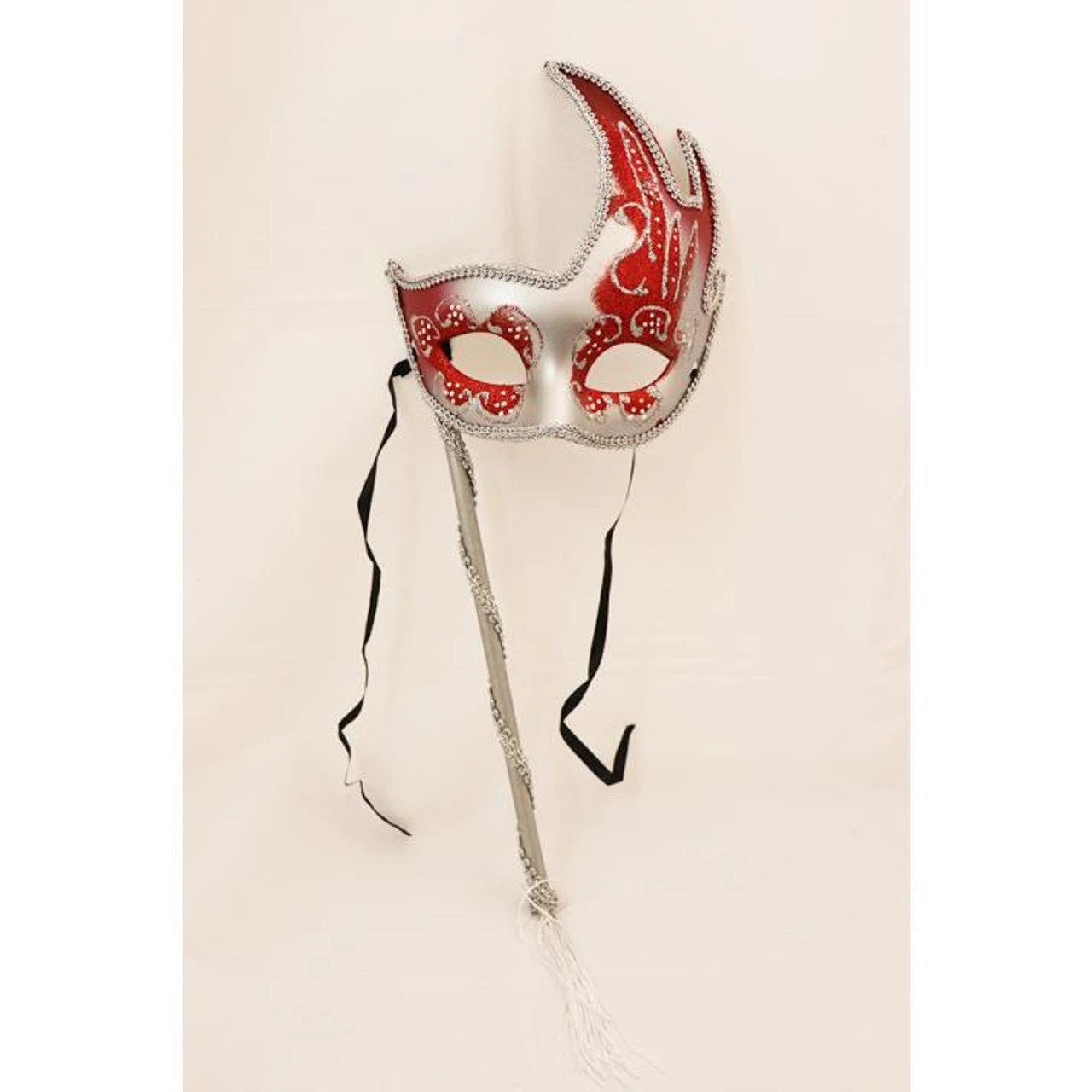 Glitter Detailed Silver And Red Flame Edge Mask With Stick | Masquerade Masks 1 Glitter Detailed Silver And Red Flame Edge Mask With Stick | Masquerade Masks
