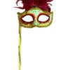 Glitter Feather Red And Gold Venetian Mask With Stick | Masquerade | Accessories