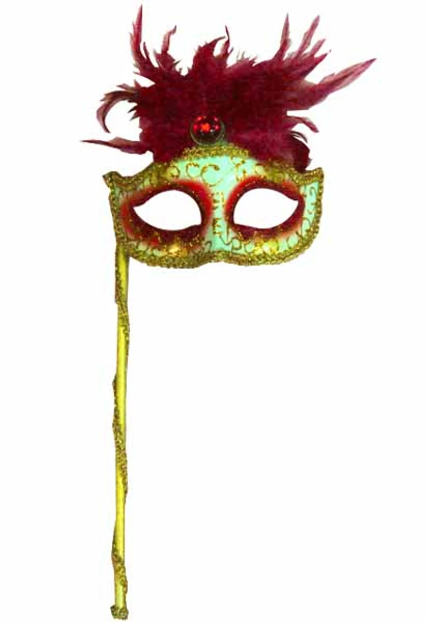 Glitter Feather Red And Gold Venetian Mask With Stick | Masquerade | Accessories 1 Glitter Feather Red And Gold Venetian Mask With Stick | Masquerade | Accessories