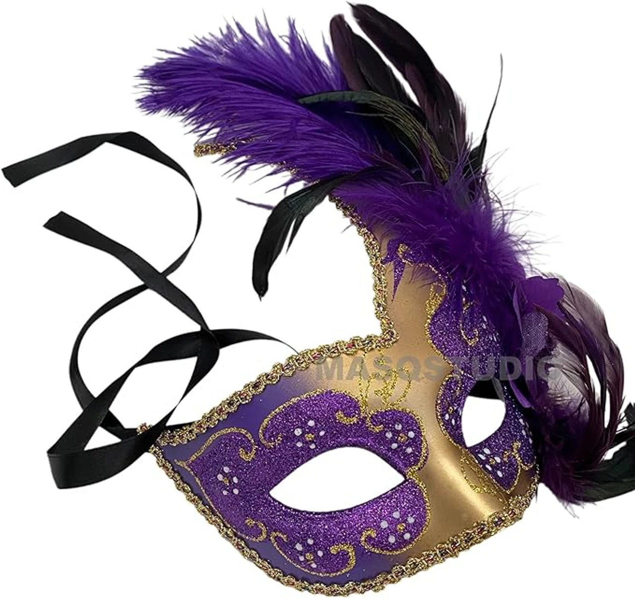 Venetian Purple And Gold Phantom Opera Glitter Feather Mask | Masquerade | Accessories 2 Venetian Purple And Gold Phantom Opera Glitter Feather Mask | Masquerade | Accessories - Image 2