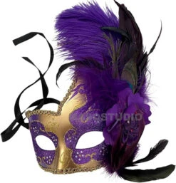 Venetian Purple And Gold Phantom Opera Glitter Feather Mask | Masquerade | Accessories