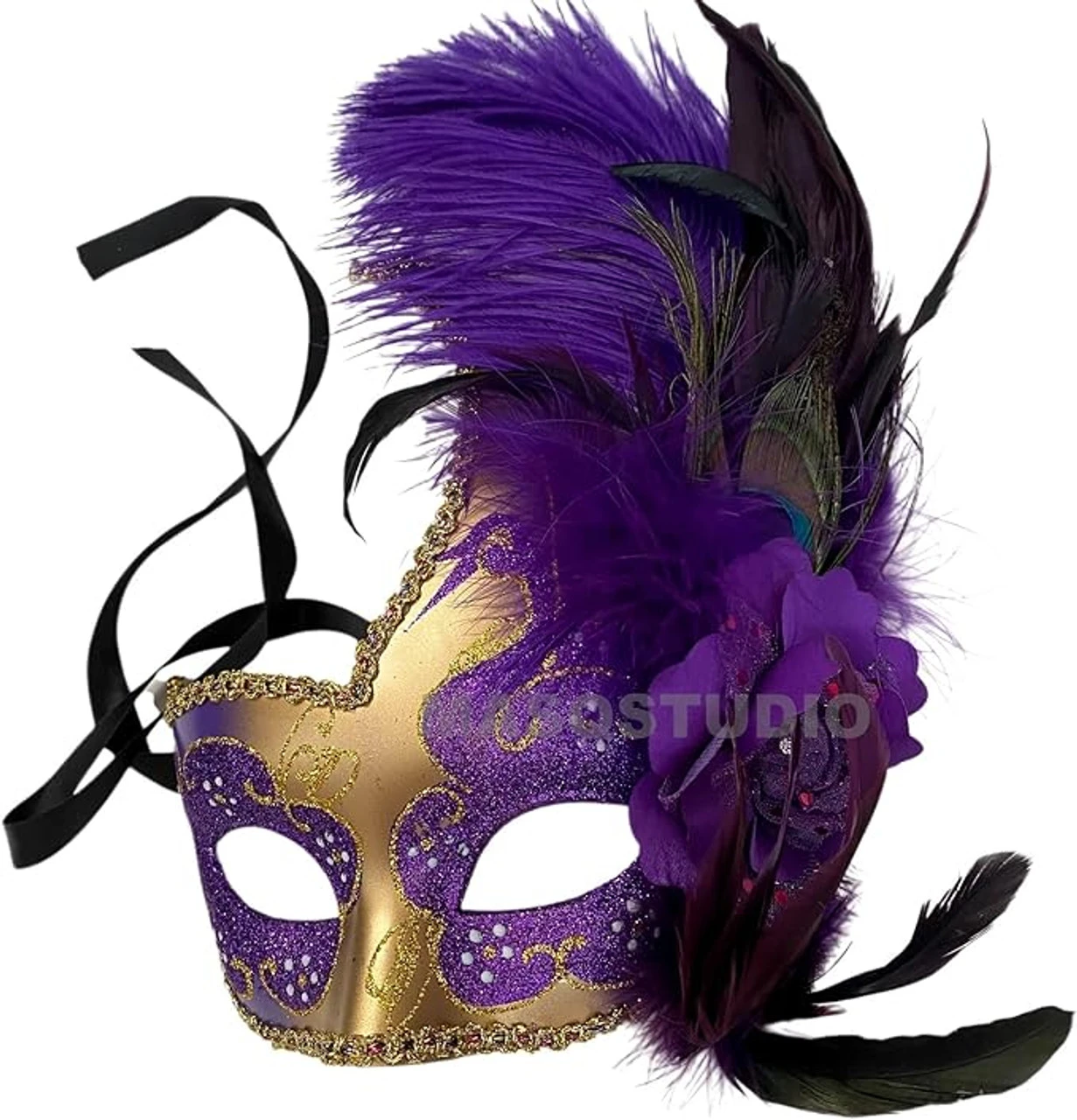 Venetian Purple And Gold Phantom Opera Glitter Feather Mask | Masquerade | Accessories 1 Venetian Purple And Gold Phantom Opera Glitter Feather Mask | Masquerade | Accessories