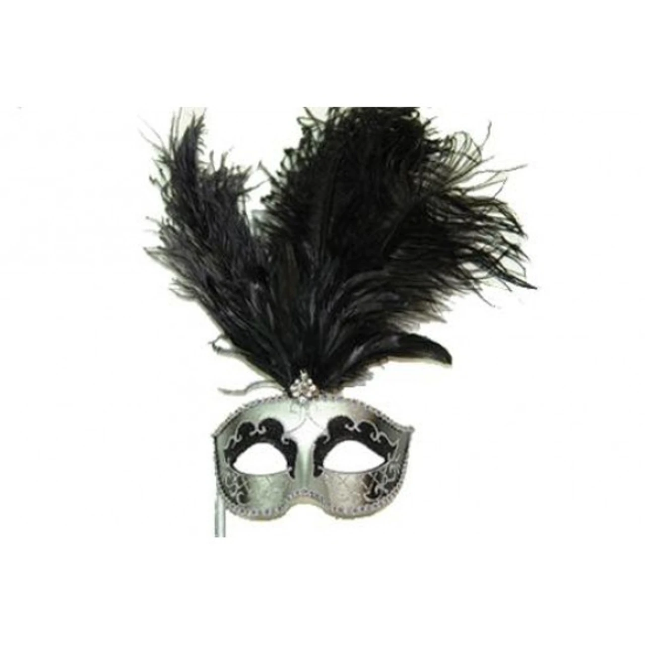 Glitter Black And Silver Venetian Feather Mask With Stick | Masquerade | Accessories 1 Glitter Black And Silver Venetian Feather Mask With Stick | Masquerade | Accessories