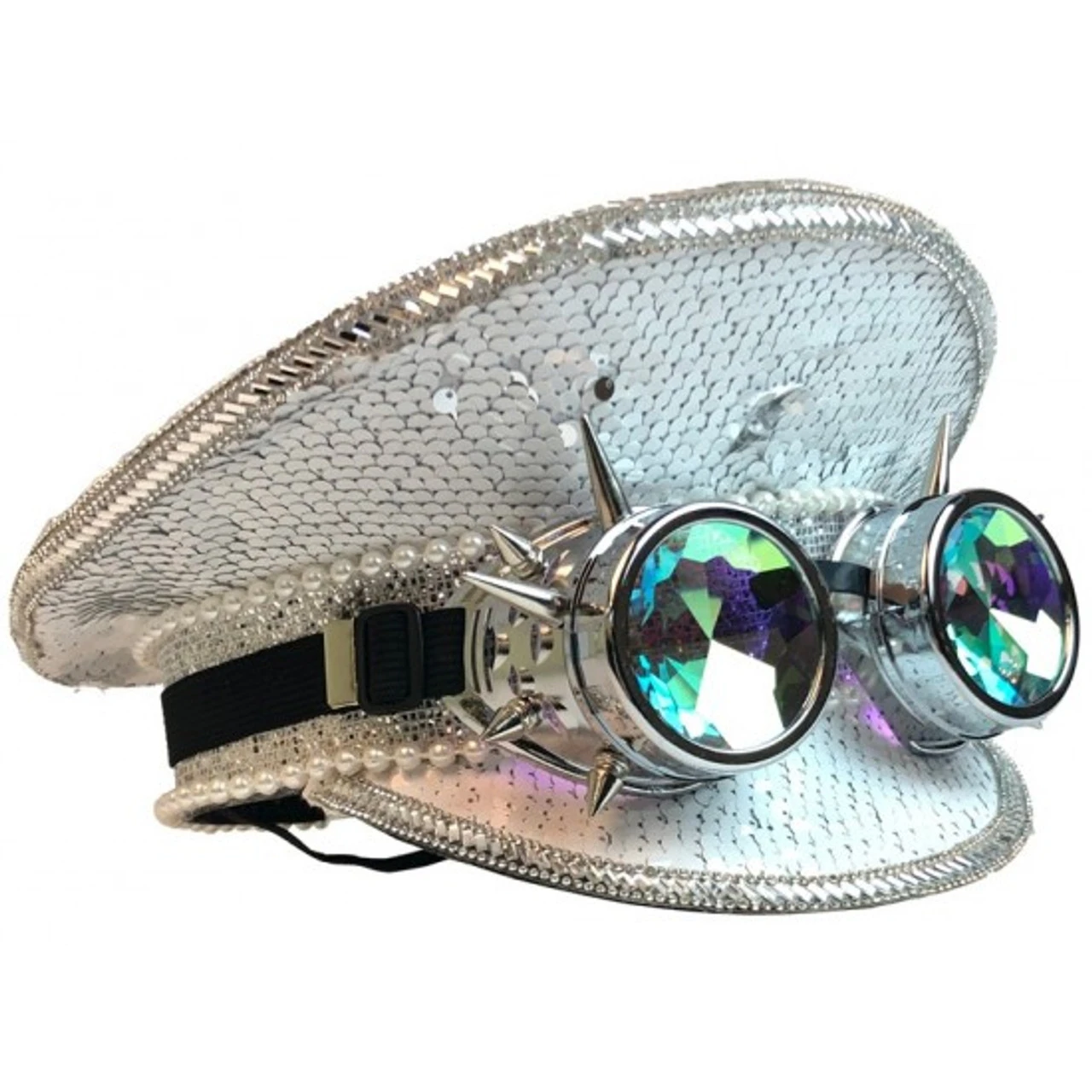 White & Silver Sequin Captain Hat With Goggles | Festivals | Hats And Headpieces 1 White & Silver Sequin Captain Hat With Goggles | Festivals | Hats And Headpieces