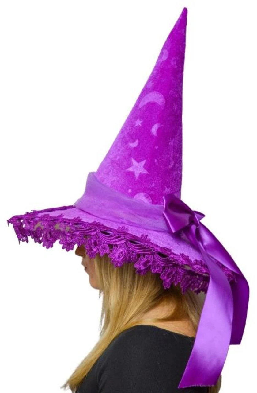 Purple Moon And Star Witch Hat With Bow | Halloween | Hats And Headpieces 1 Purple Moon And Star Witch Hat With Bow | Halloween | Hats And Headpieces