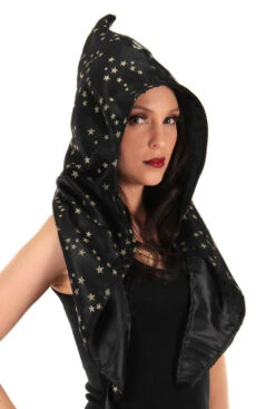 Black Satin Wizard Hood With Gold Stars | Fantasy | Hats And Headpieces