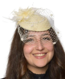 Cream Colored Veiled Mini Fascinator Pillbox Hat With Feathers | 1920s | Pillbox Hats