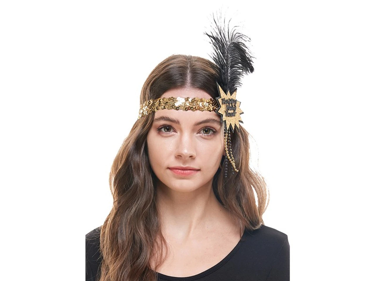 Gold Happy New Year Flapper Headband With Feather | Novelty | Hats And Headpieces 2 Gold Happy New Year Flapper Headband With Feather | Novelty | Hats And Headpieces - Image 2