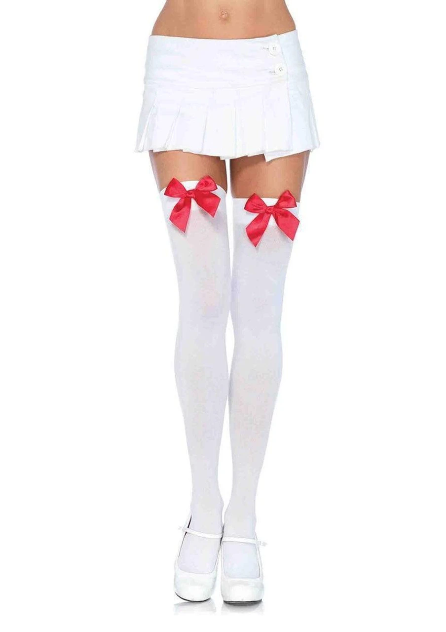 White Opaque Thigh Highs With Red Bow | Hosiery | Legwear And Tights 1 White Opaque Thigh Highs With Red Bow | Hosiery | Legwear And Tights