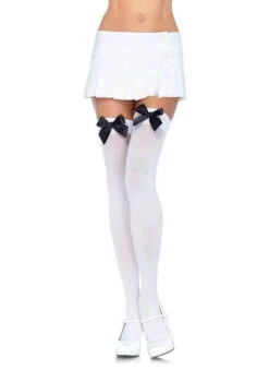 White Opaque Thigh Highs With Black Bow | Hosiery | Legwear And Tights