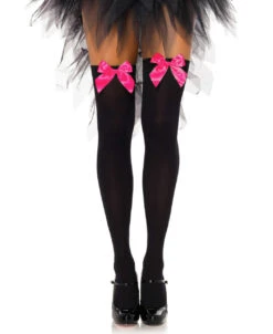 Black Opaque Thigh Highs With Pink Bow | Hosiery | Legwear And Tights