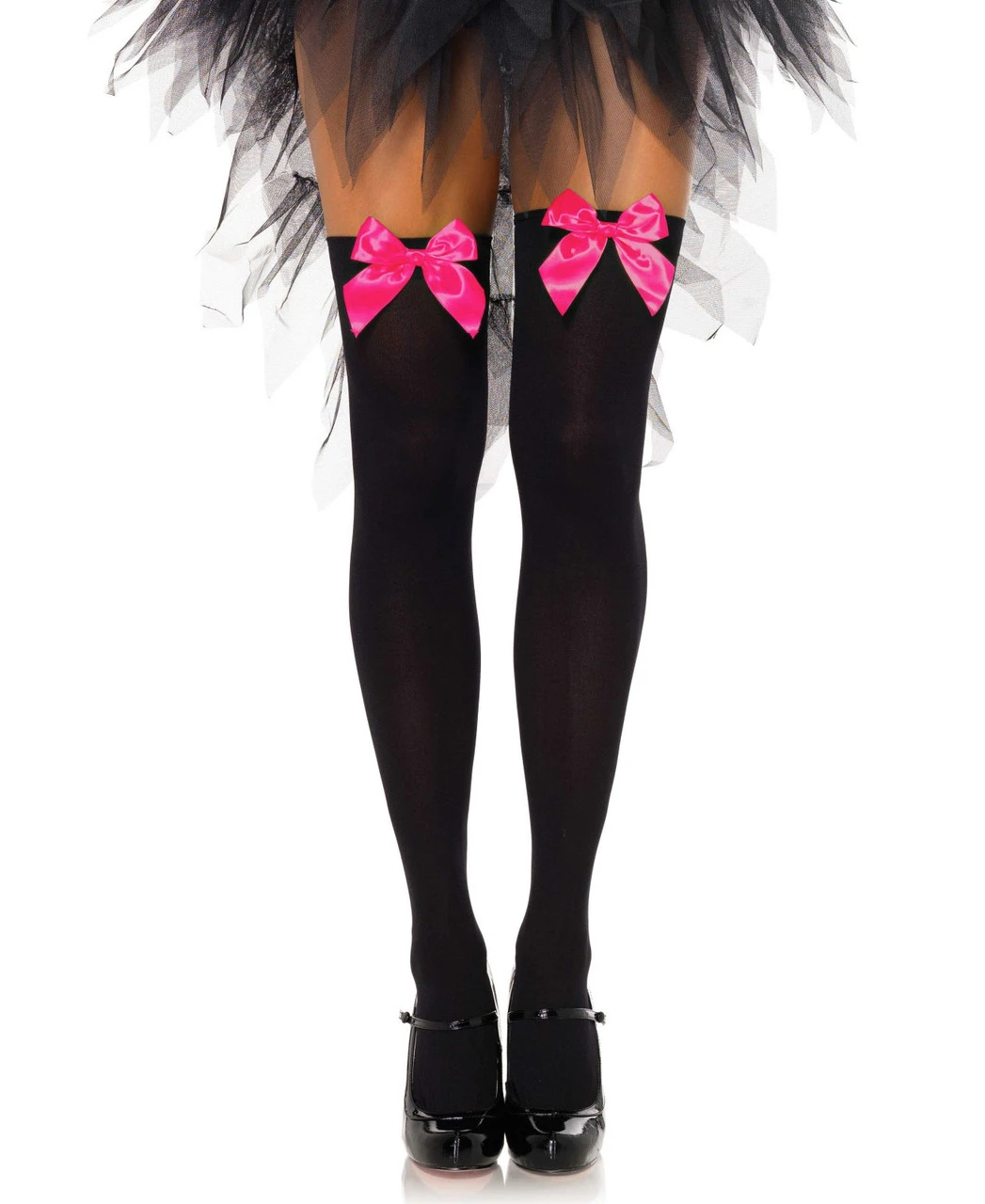 Black Opaque Thigh Highs With Pink Bow | Hosiery | Legwear And Tights 1 Black Opaque Thigh Highs With Pink Bow | Hosiery | Legwear And Tights