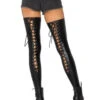 Wet Look Lace Up Thigh Highs Black | Hosiery | Legwear And Tights