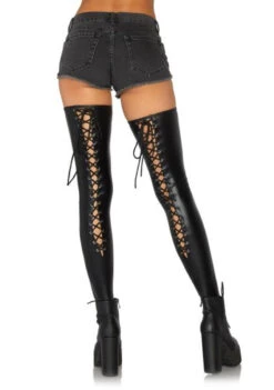 Wet Look Lace Up Thigh Highs Black | Hosiery | Legwear And Tights
