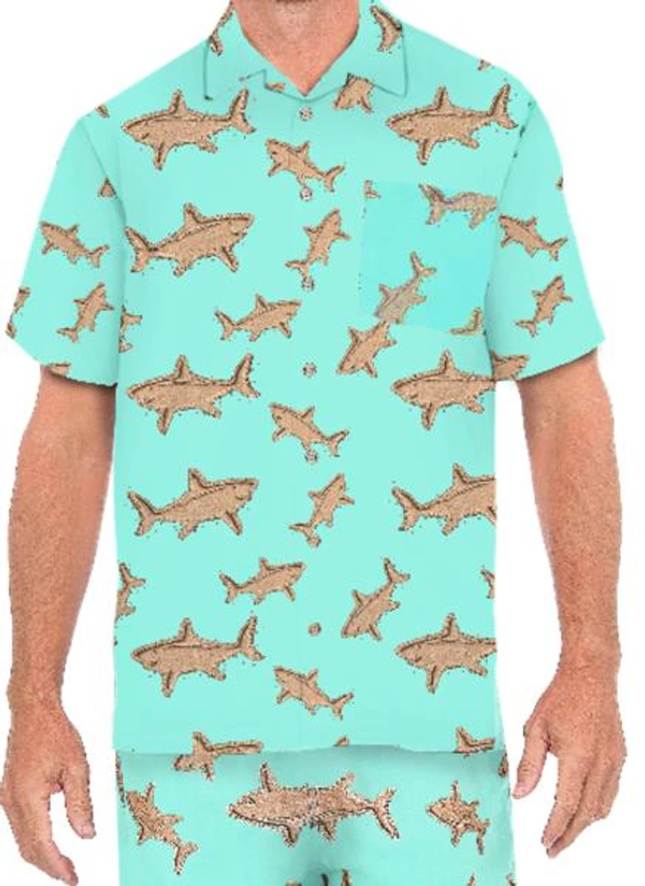 Hawaiian Mint Green Shark Pattern Shirt | Hawaiian | Costume Pieces 1 Hawaiian Mint Green Shark Pattern Shirt | Hawaiian | Costume Pieces