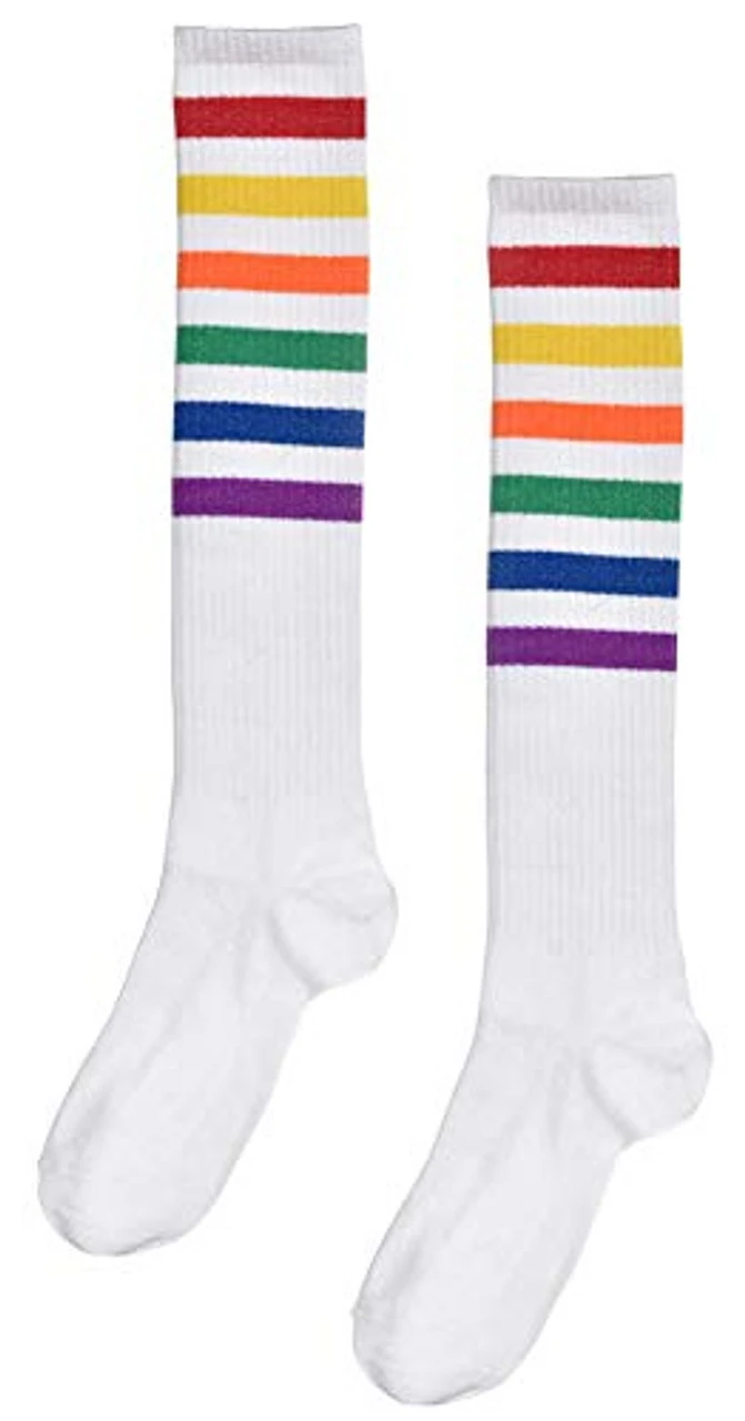 Knee Socks White With Rainbow Stripes | 1980s | Legwear And Tights 1 Knee Socks White With Rainbow Stripes | 1980s | Legwear And Tights