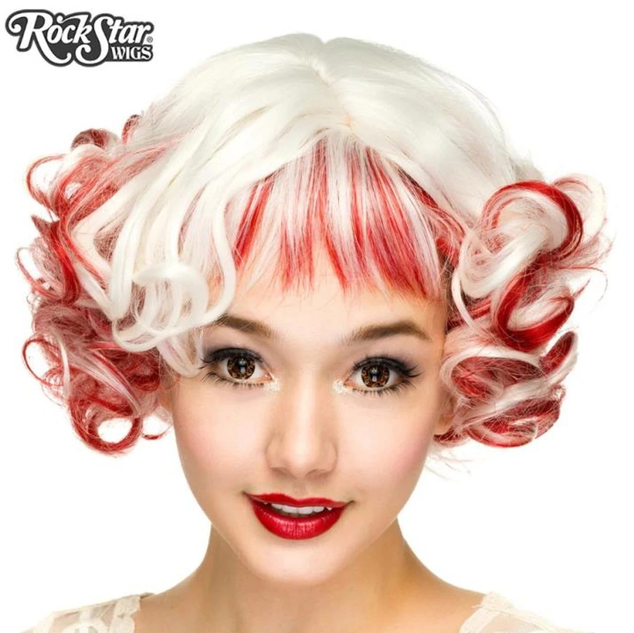 Curly Bob Red And White | Heat Styleable Anime Wig | Rockstar Wigs 1 Curly Bob Red And White | Heat Styleable Anime Wig | Rockstar Wigs