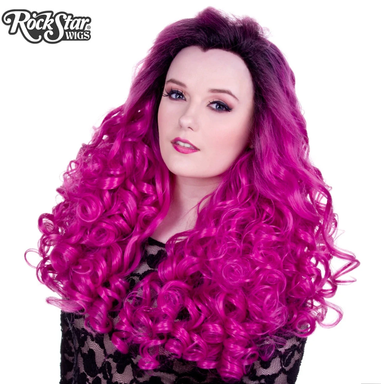 Lace Front Curly Dark Roots Fuchsia Rose | Heat Styleable Anime Wig | Rockstar Wigs 1 Lace Front Curly Dark Roots Fuchsia Rose | Heat Styleable Anime Wig | Rockstar Wigs